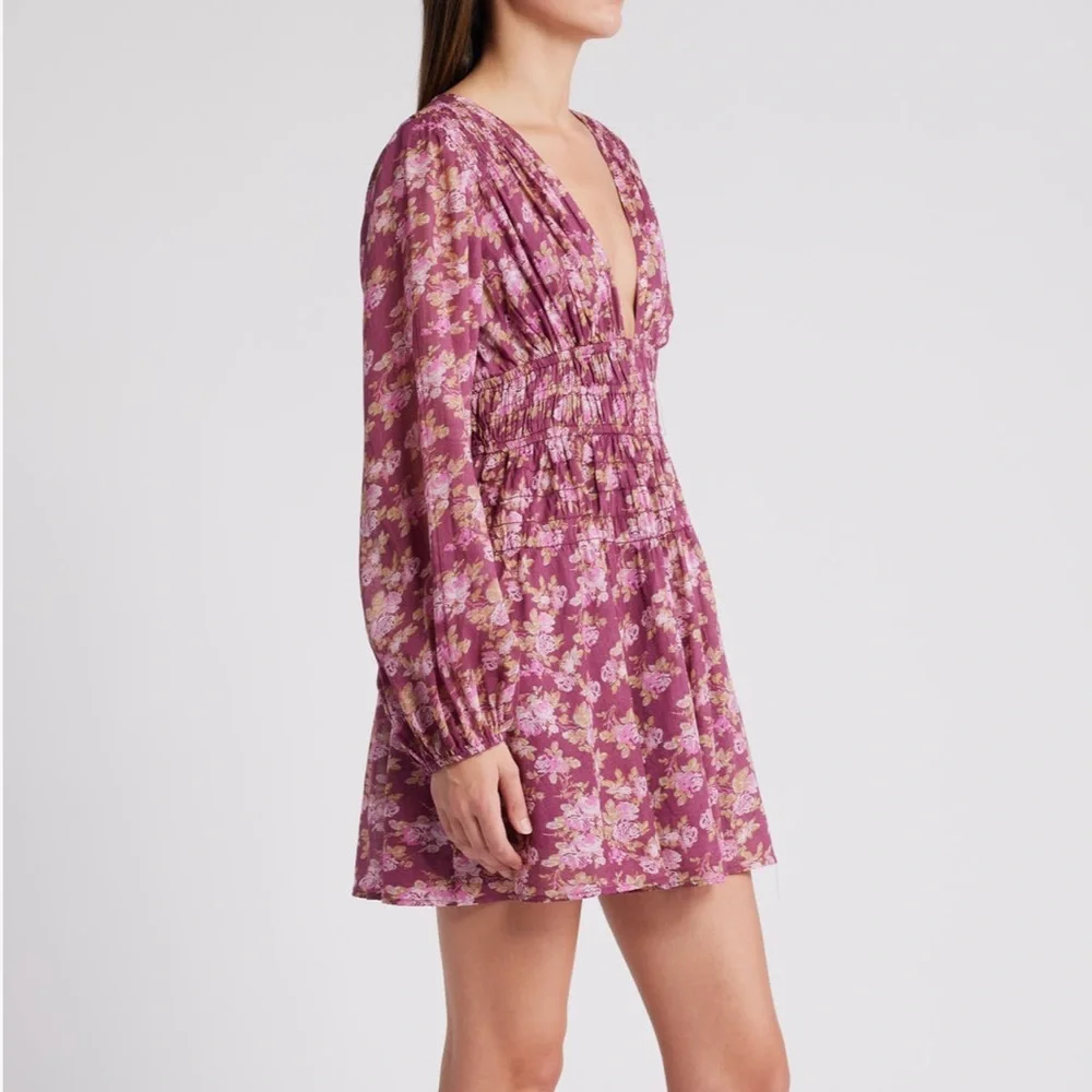 Free People Maive Long Sleeve Mauve ORANGE Floral Mini Dress Ruching NEW